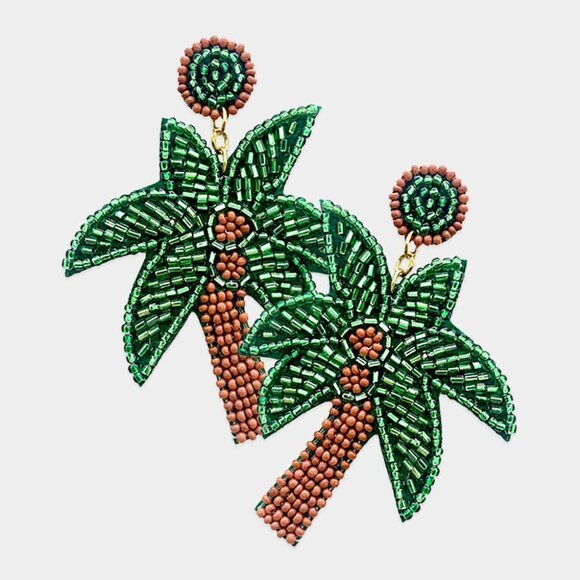 NWT Palm Tree Tropical Felt Back Beaded Dangle Earrings - Picture 1 of 9